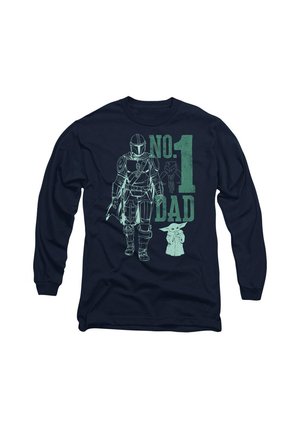 Marineblaue langärmelige Bluse mit einem Grafikmotiv eines gepanzerten Charakters neben einer kleineren Figur, mit dem Schriftzug "NO. 1 DAD" in grüner Schrift.