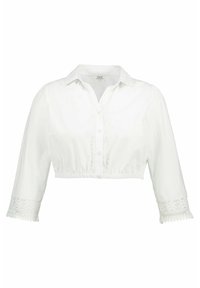 Weißes, kurzes Button-Up-Hemd mit Kragen, dreiviertellangen Ärmeln und Spitzenakzenten an den Bündchen. Glatte Stoffstruktur.