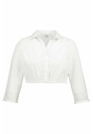 Camicia bianca cropped con bottoni, dotata di colletto, maniche a tre quarti e dettagli in pizzo sui polsini. Tessuto dalla texture liscia.