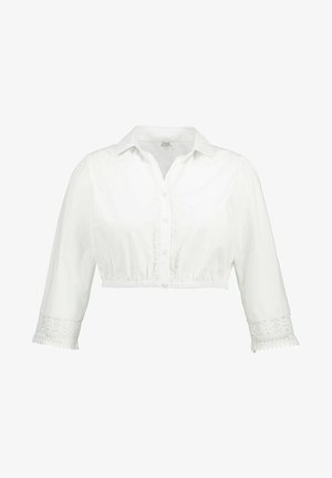Weißes, kurzes Button-Up-Hemd mit Kragen, dreiviertellangen Ärmeln und Spitzenakzenten an den Bündchen. Glatte Stoffstruktur.