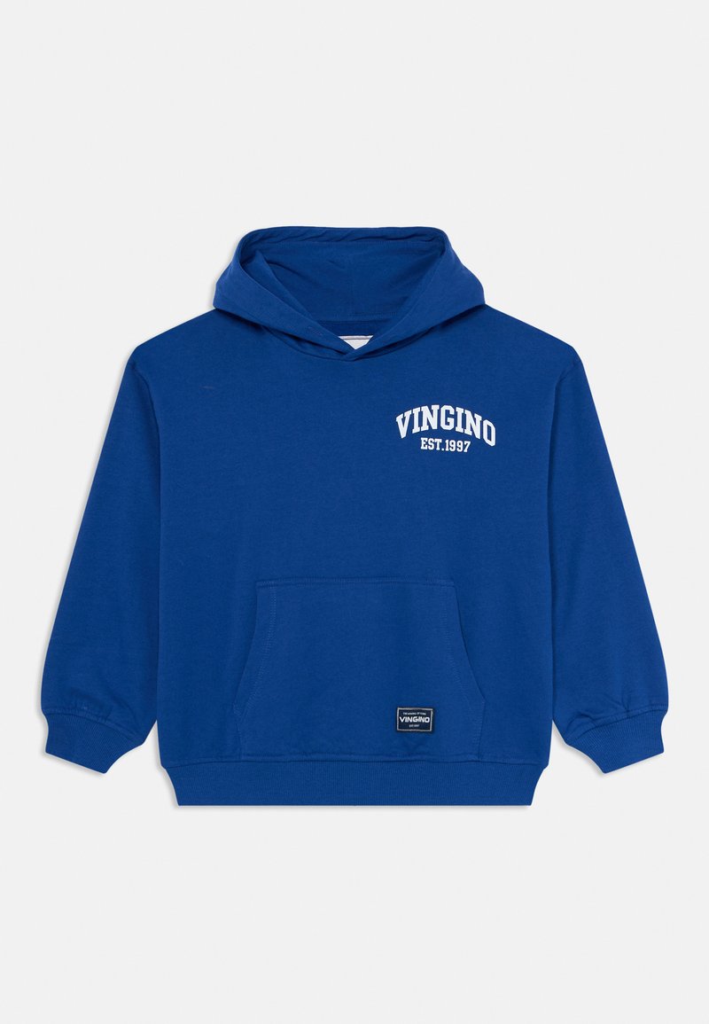 Felpa con cappuccio blu con la scritta bianca "VINGINO EST. 1997" sul petto e tasca a marsupio frontale con etichetta del marchio.