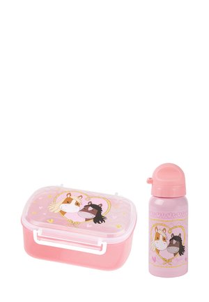 Rosa Kunststoffbrotdose mit Pferdemotiven, transparentem Deckel und weißen Griff, kombiniert mit einer rosa Wasserflasche mit ähnlichen Designs.