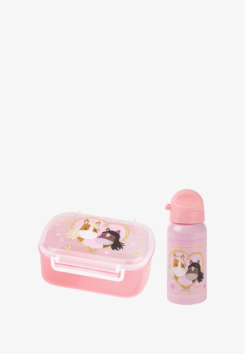 Rosa Kunststoffbrotdose mit Pferdemotiven, transparentem Deckel und weißen Griff, kombiniert mit einer rosa Wasserflasche mit ähnlichen Designs.