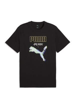 Sort Puma T-shirt med gul kontureret brandnavn, forvrænget sølv Puma tekst og en stor multifarvet Puma kat logo i midt-spring foran.
