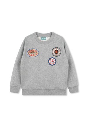 Felpa grigia chiara con tre toppe colorate Kenzo Paris sul davanti, maniche lunghe e polsini e orlo a coste.