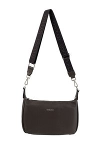 Dark brown leather handbag with a textured surface. Features silver hardware and a dual strap, showcasing a logo on the strap.