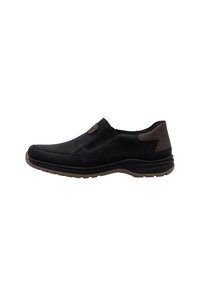 Schwarzer Slipper aus Leder mit glatter Textur, grauen Akzenten, Gummisohle und kontrastierenden Nähten im oberen Bereich.