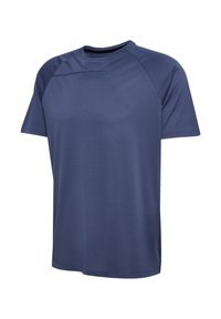 Marineblauw sport-T-shirt met korte mouwen, ronde hals en subtiel reliëflogo op de bovenborst.
