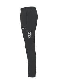 Zwarte sportbroek met een textuurafwerking, elastische tailleband en reflecterend zilveren logo en accenten aan de zijkant. Voorzien van zijzakken.