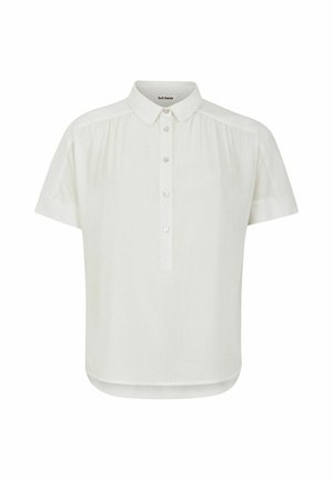Kurze weiße Bluse mit Knopfleiste, aus weichem Stoff und dezenten Raffungen an den Schultern; abgerundeter Saum mit lockerem Schnitt.