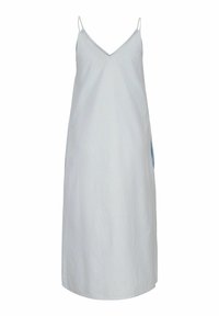 Vestido sin mangas a rayas en azul claro y blanco, con escote en V y forma de A, que cuenta con bolsillos laterales y una textura de tela suave.