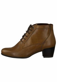 Botas de tobillo de cuero marrón con punta redondeada, cierre de cordones en la parte delantera y un tacón bajo tipo bloque. Textura suave con detalles de costura mínimos.
