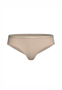 Beige sömlös bikini-trosor med en mjuk, slät textur och en tunn midjeband med metalliska detaljer som har minimal varumärkesprofil.