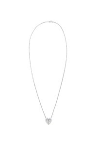 Silberne Kettenhalskette mit einem herzförmigen Anhänger, der einen klaren, funkelnden Centerstein, eine glatte Metalloberfläche und einen Verschluss hat.