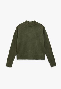 Oliwkowy sweter z dzianiny z wysokim prążkowanym kołnierzem, długimi rękawami i skróconym dołem. Teksturowana tkanina z prążkowanymi akcentami na mankietach i dole.
