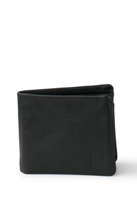 Black leather wallet with a textured finish, bi-fold design, and embossed logo detail on the front. Compact and minimalistic shape.
