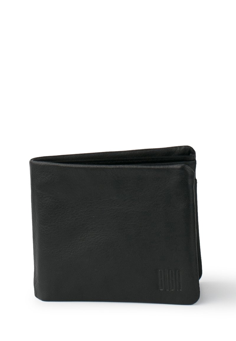 Black leather wallet with a textured finish, bi-fold design, and embossed logo detail on the front. Compact and minimalistic shape.