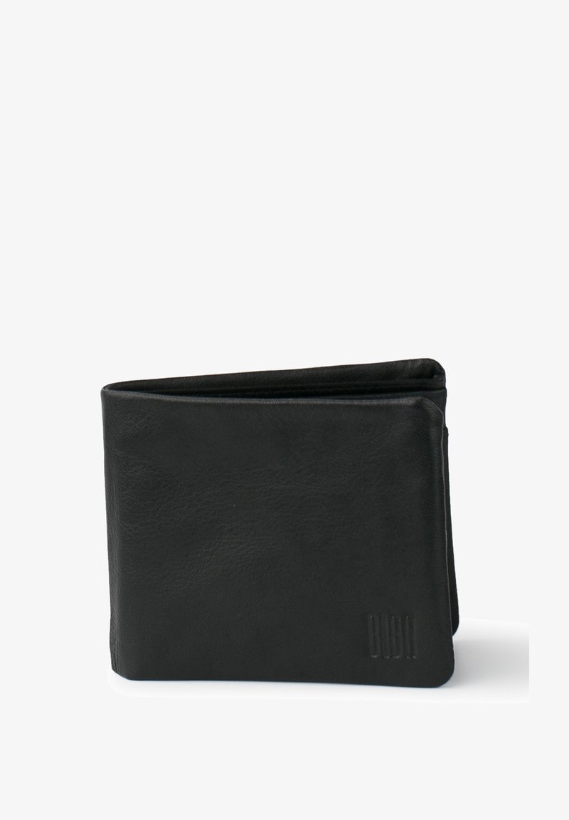 Black leather wallet with a textured finish, bi-fold design, and embossed logo detail on the front. Compact and minimalistic shape.