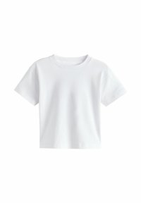 Einfaches weißes Kurzarm-T-Shirt aus Baumwolle mit Rundhalsausschnitt und geradem Saum, auf weißem Hintergrund dargestellt.