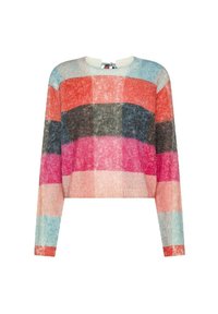 Maglione a maniche lunghe in maglia morbida con ampie righe orizzontali nei colori rosso, nero, rosa, pesco e azzurro chiaro, scollatura a girocollo con legatura sul retro.