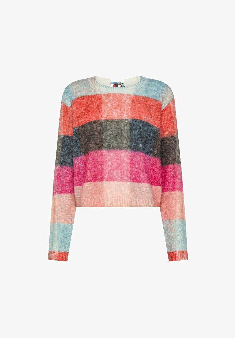 Maglione a maniche lunghe in maglia morbida con ampie righe orizzontali nei colori rosso, nero, rosa, pesco e azzurro chiaro, scollatura a girocollo con legatura sul retro.