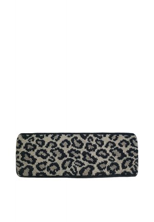 Rectangular fabric headband with a black and grey leopard print pattern on a white background.