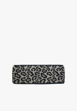 Rectangular fabric headband with a black and grey leopard print pattern on a white background.