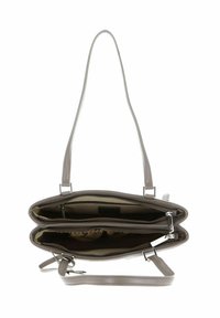 Sac en cuir gris avec deux compartiments zippés, bandoulière réglable et quincaillerie en argent. Texture lisse avec un éclat subtil.
