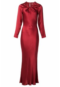 Czerwona satynowa sukienka z długimi rękawami o dopasowanej sylwetce, z węzłowym detalem przy dekolcie i rozcięciem z boku dla dodatkowej swobody ruchów.