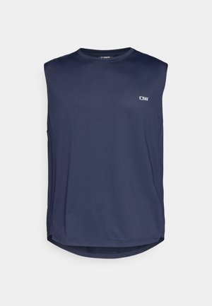 Marineblauw mouwloos sporttop met een ronde hals, gemaakt van textuurstof. Kenmerkt zich door een klein wit logo op de borst en een gebogen zoom.