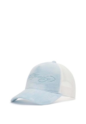 Cappellino da baseball azzurro chiaro e bianco con retro in rete e logo corsivo ricamato sul pannello frontale su sfondo bianco.