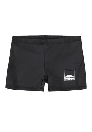 Zwarte zwembroek van rekbaar materiaal, met een wit logo op de linkeronderkant en platte naden voor comfort.