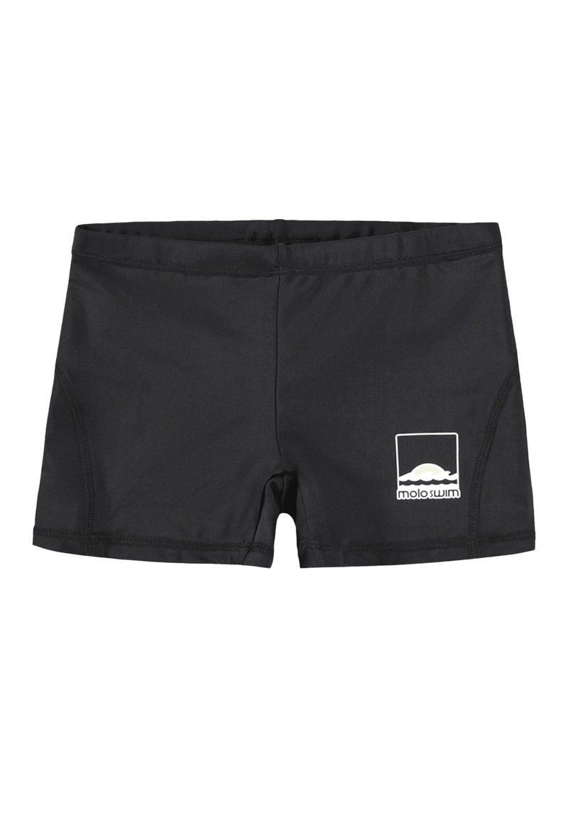 Melnas peldkostīmu bikses no elastīgas auduma, ar baltu logo apakšējā kreisajā pusē un plakanām vīlēm ērtībai.