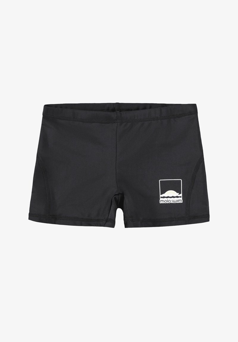 Melnas peldkostīmu bikses no elastīgas auduma, ar baltu logo apakšējā kreisajā pusē un plakanām vīlēm ērtībai.