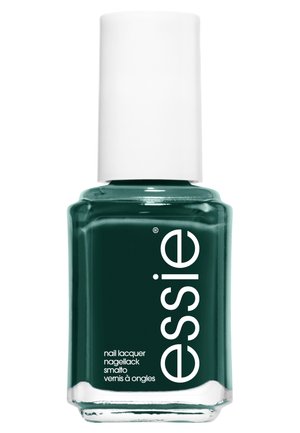 Donkergroene nagellak in een rechthoekige glazen fles met een witte dop en vetgedrukte zwarte tekst die het product labelt.