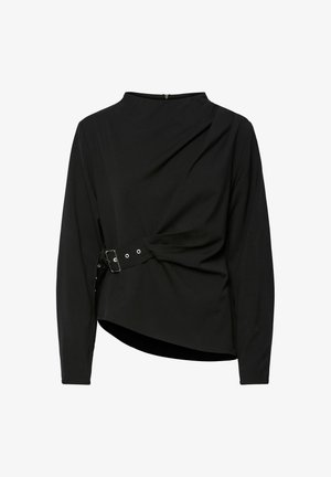 Top nero a maniche lunghe con collo alto, orlo asimmetrico e dettaglio decorativo della cintura sul lato sinistro. Tessuto liscio e elastico.