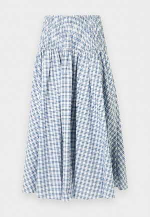 Jupe midi à carreaux blancs et bleus avec une ceinture élastique froncée et un tissu fluide et léger.