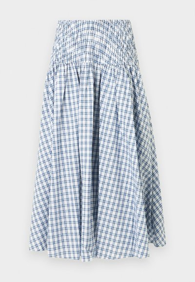 Λευκή και μπλε καρό μίντι φούστα με ελαστική μέση με ελαστική ζώνη και χαλαρό, ρέον ύφασμα.