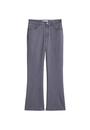 Graue Bootcut-Jeans aus Baumwollmischgewebe, mit Vordertaschen, Gürtelschlaufen und klassischem Knopfverschluss.