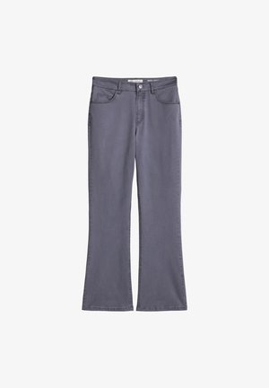 Graue Bootcut-Jeans aus Baumwollmischgewebe, mit Vordertaschen, Gürtelschlaufen und klassischem Knopfverschluss.