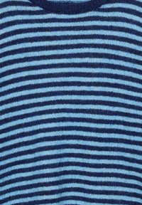 Pruhovaný pletený sveter s striedavými svetlomodrými a tmavomodrými pruhmi, okrúhlym výstrihom a mäkkým, textúrovaným povrchom.