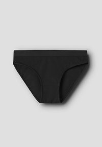 Sous-vêtements noirs pour femmes en matériau lisse et extensible, avec une taille large et un design classique de culotte. Sans motifs ni détails.