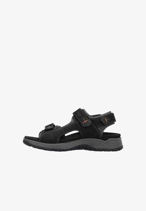 Zwarte sandalen met verstelbare bandjes, suede-achtige stof, open ontwerp, rubberen zool en contrasterende stikdetails.
