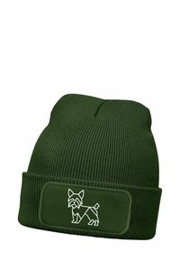 Dark green knitted beanie with a folded cuff featuring a white geometric dog outline on a rectangular patch.