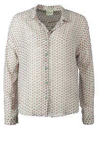 Blusa a maniche lunghe in tessuto leggero con sfondo crema e piccoli motivi a tazza colorati; presenta una chiusura con bottoni sul davanti di colore verde.