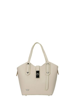 Sac à main en cuir beige texturé avec deux poignées, fermeture à fermoir argenté, et petit logo métallique en bas à gauche à l'avant.