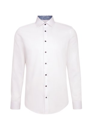 White long-sleeve shirt with black buttons and a patterned blue inner collar. Smooth texture, classic fit, and curved hem design.