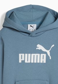 Hoodie bleu clair en tissu doux, doté d'une poche kangourou, d'un logo blanc "PUMA" et d'un graphisme de puma sautant sur la poitrine.