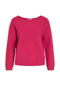 Pull rose en tricot avec un large col, une texture côtelée et des manches longues. Ourlet droit à la taille, avec des détails de couture subtils.