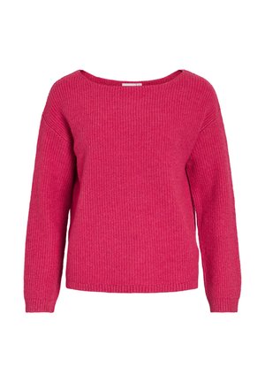 Pull rose en tricot avec un large col, une texture côtelée et des manches longues. Ourlet droit à la taille, avec des détails de couture subtils.